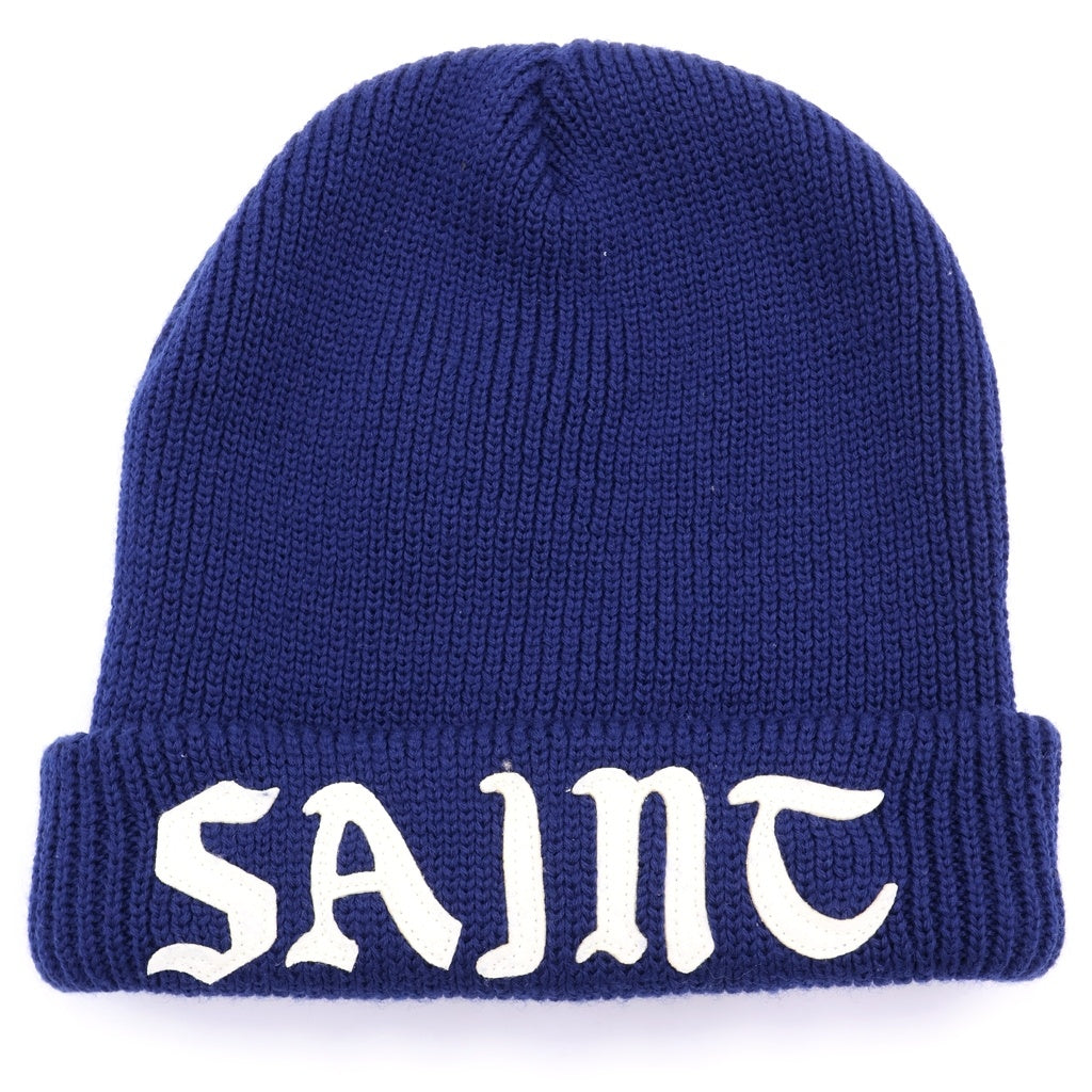SAINT MICHAEL(セントマイケル) 26SS KNIT CAP SAINT フロントロゴ レザーパッチデザイン ニットキャップ 帽子 ネイビー SM-YS1-0000-0083