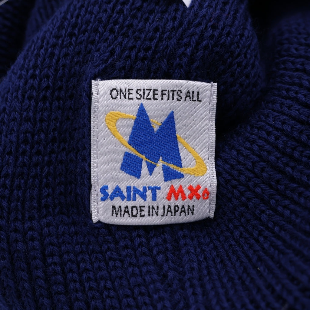 SAINT MICHAEL(セントマイケル) 26SS KNIT CAP SAINT フロントロゴ レザーパッチデザイン ニットキャップ 帽子 ネイビー SM-YS1-0000-0083