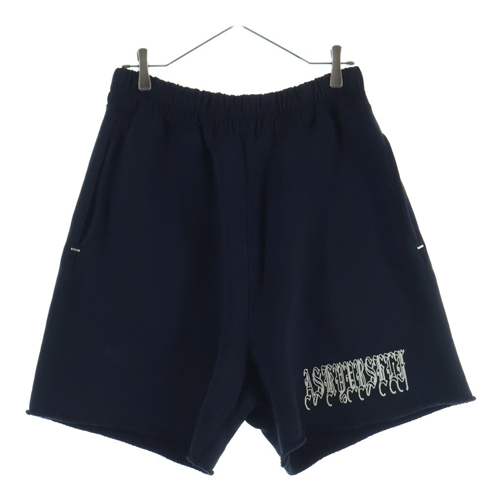 ASKYURSELF(アスクユアセルフ) GOTH RAW FLEECE SHORTS フロント ロゴプリント ゴス風 カットオフ フリース ショーツ ブラック