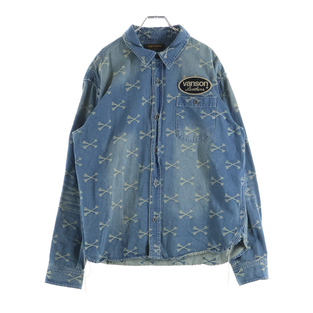 VANSON(バンソン) クロスボーン 総柄 ジャガード デニム長袖シャツ インディゴ