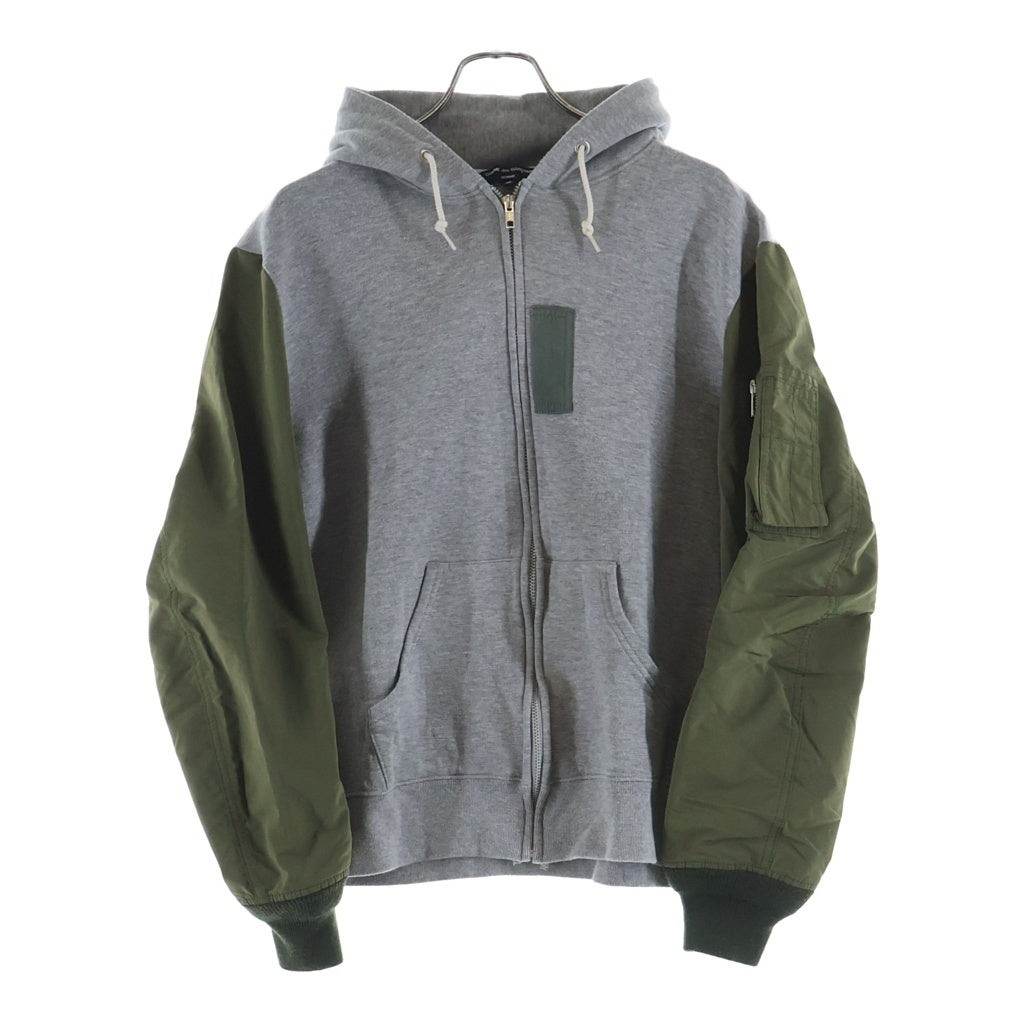 COMME des GARCONS HOMME(コムデギャルソンオム) 22SS AD2021 袖ナイロン切り替え ジップアップスウェットパーカー フーディー グレー/カーキ HI-T011