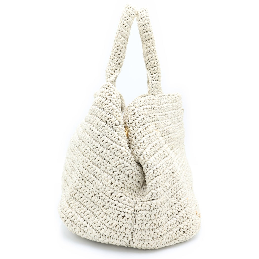 PRADA(プラダ) CANAPA カナパ ラフィア トライアングルロゴプレート カゴ ハンド トートバッグ ゴールド金具 アイボリー BN2302 レディース