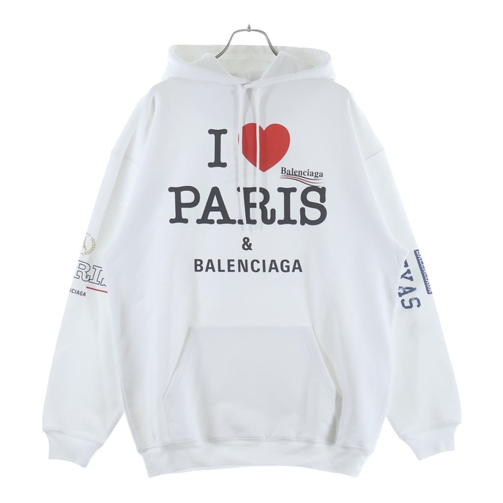 BALENCIAGA(バレンシアガ) 21AW I LOVE PARIS & ロゴプリント コットン プルオーバースウェットパーカー フーディ ホワイト 578135 TSVY8