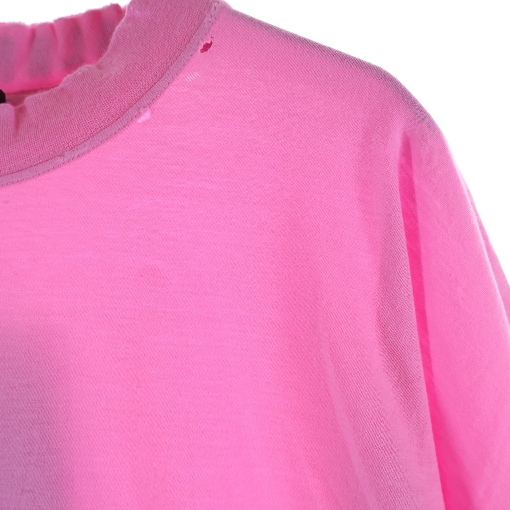 BALENCIAGA(バレンシアガ) 22SS Distressed T-shirt バックネックロゴ刺繍 ダメージ加工Tシャツ 半袖クルーネックカットソー ピンク 739784 TOVF4