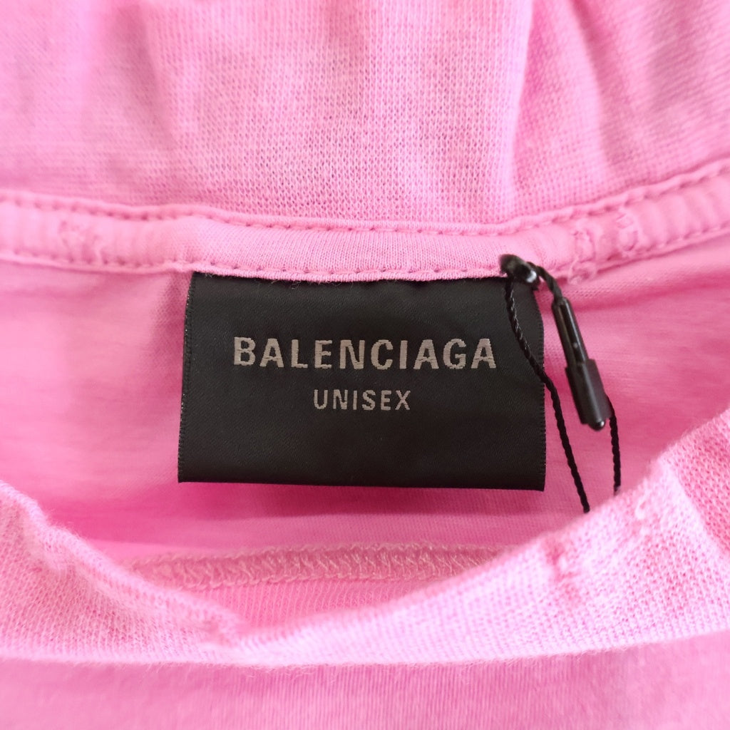 BALENCIAGA(バレンシアガ) 22SS Distressed T-shirt バックネックロゴ刺繍 ダメージ加工Tシャツ 半袖クルーネックカットソー ピンク 739784 TOVF4