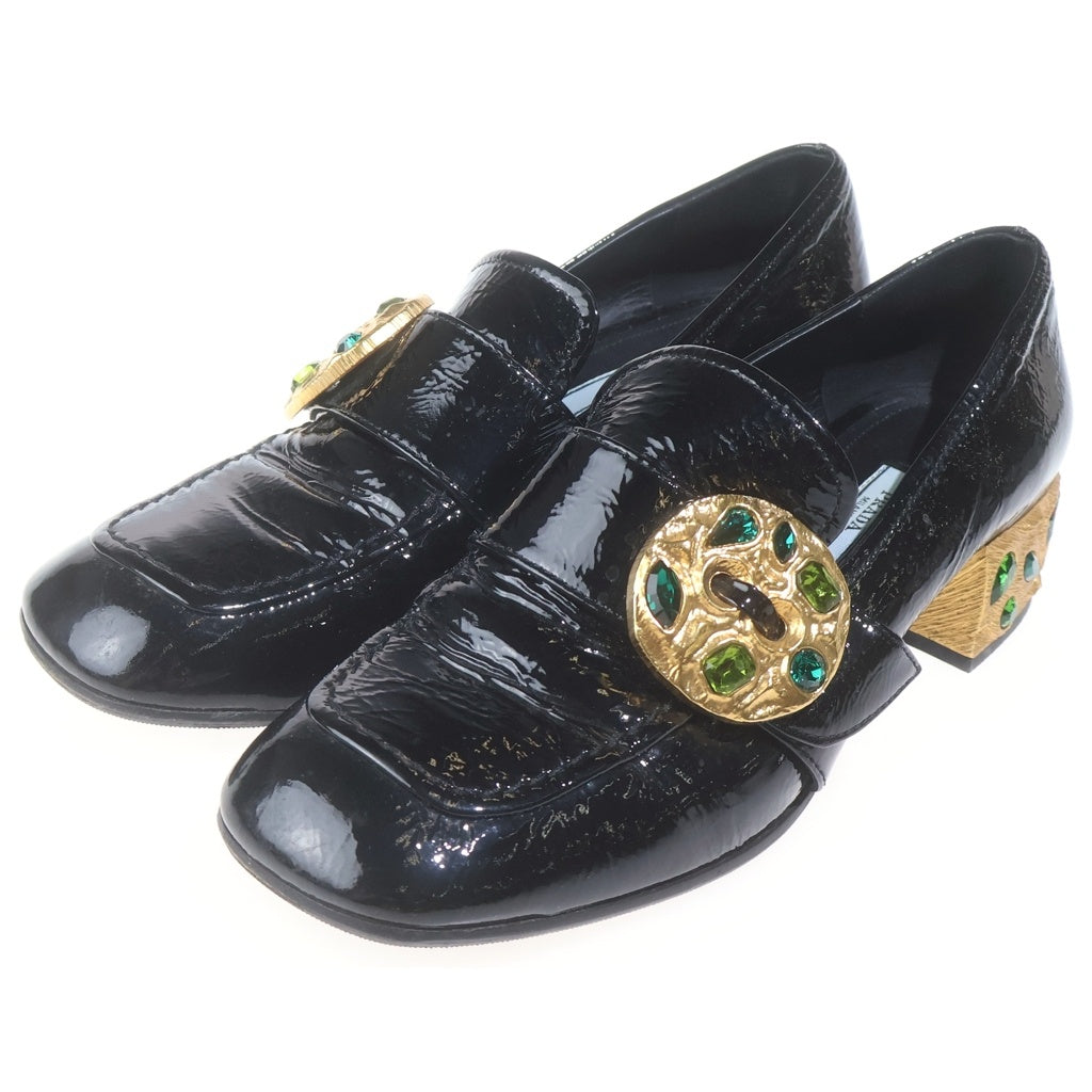 PRADA(プラダ) スクエアトゥ ゴールドストーン ビジューチャンキーヒール エナメルローファー レディース ブラック 1D997H