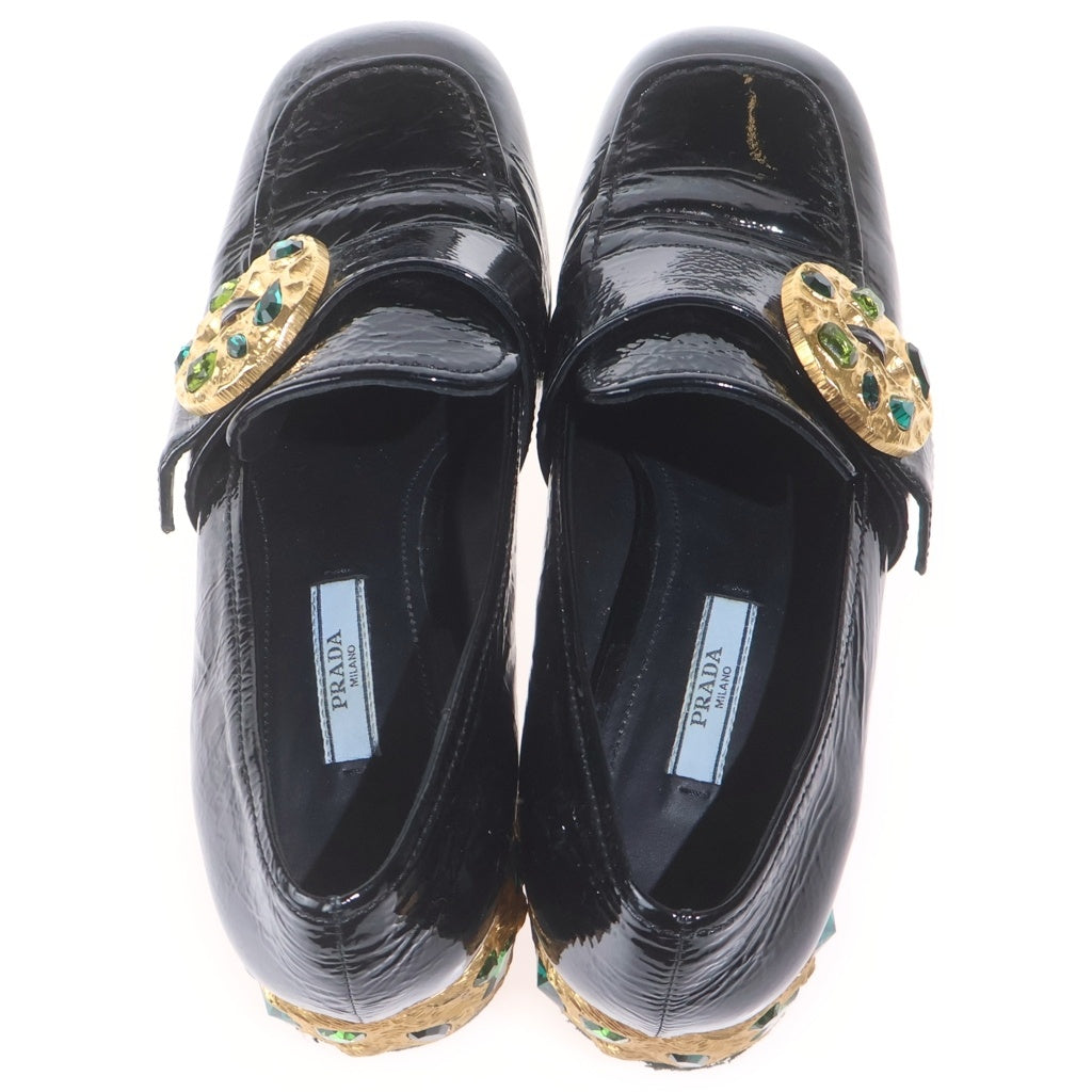PRADA(プラダ) スクエアトゥ ゴールドストーン ビジューチャンキーヒール エナメルローファー レディース ブラック 1D997H
