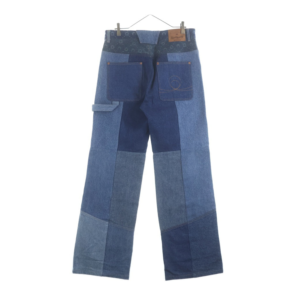 MARINE SERRE(マリーン セル) REGENERATED DENIM MOONOGRAM STRAIGHT LEG TROUSERS リジェネレイテッドデニム モノグラムストレートレッグトラウザーズ パッチワークペインターパンツ ブルー