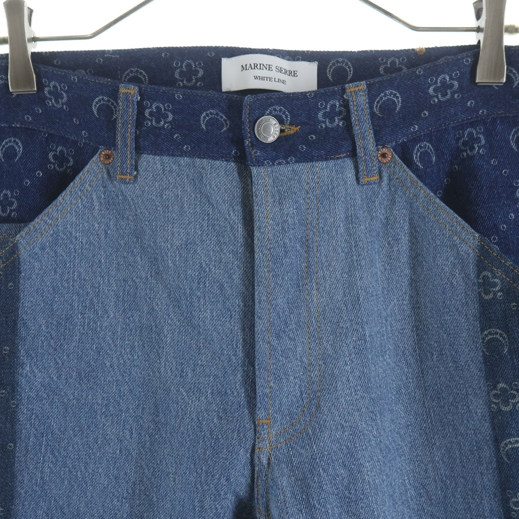 MARINE SERRE(マリーン セル) REGENERATED DENIM MOONOGRAM STRAIGHT LEG TROUSERS リジェネレイテッドデニム モノグラムストレートレッグトラウザーズ パッチワークペインターパンツ ブルー