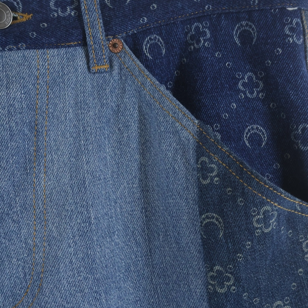 MARINE SERRE(マリーン セル) REGENERATED DENIM MOONOGRAM STRAIGHT LEG TROUSERS リジェネレイテッドデニム モノグラムストレートレッグトラウザーズ パッチワークペインターパンツ ブルー