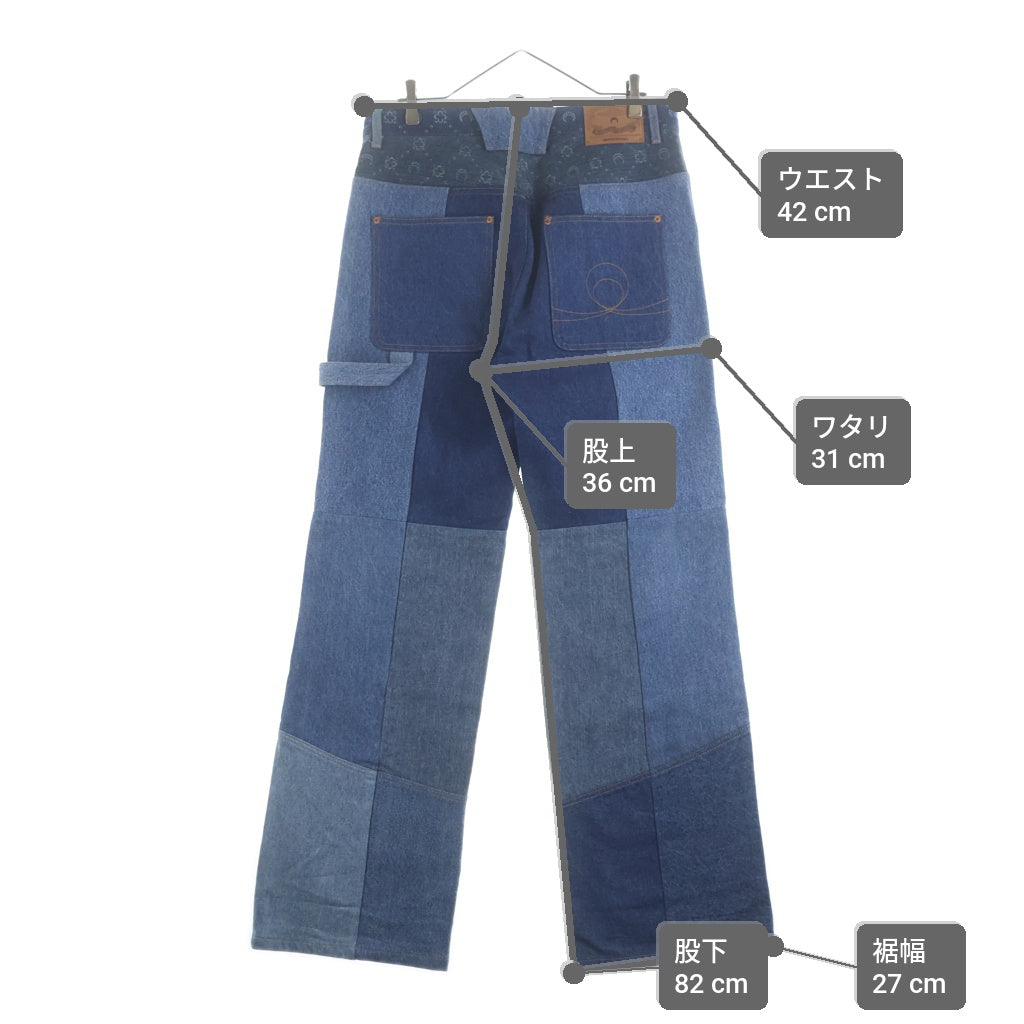 MARINE SERRE(マリーン セル) REGENERATED DENIM MOONOGRAM STRAIGHT LEG TROUSERS リジェネレイテッドデニム モノグラムストレートレッグトラウザーズ パッチワークペインターパンツ ブルー
