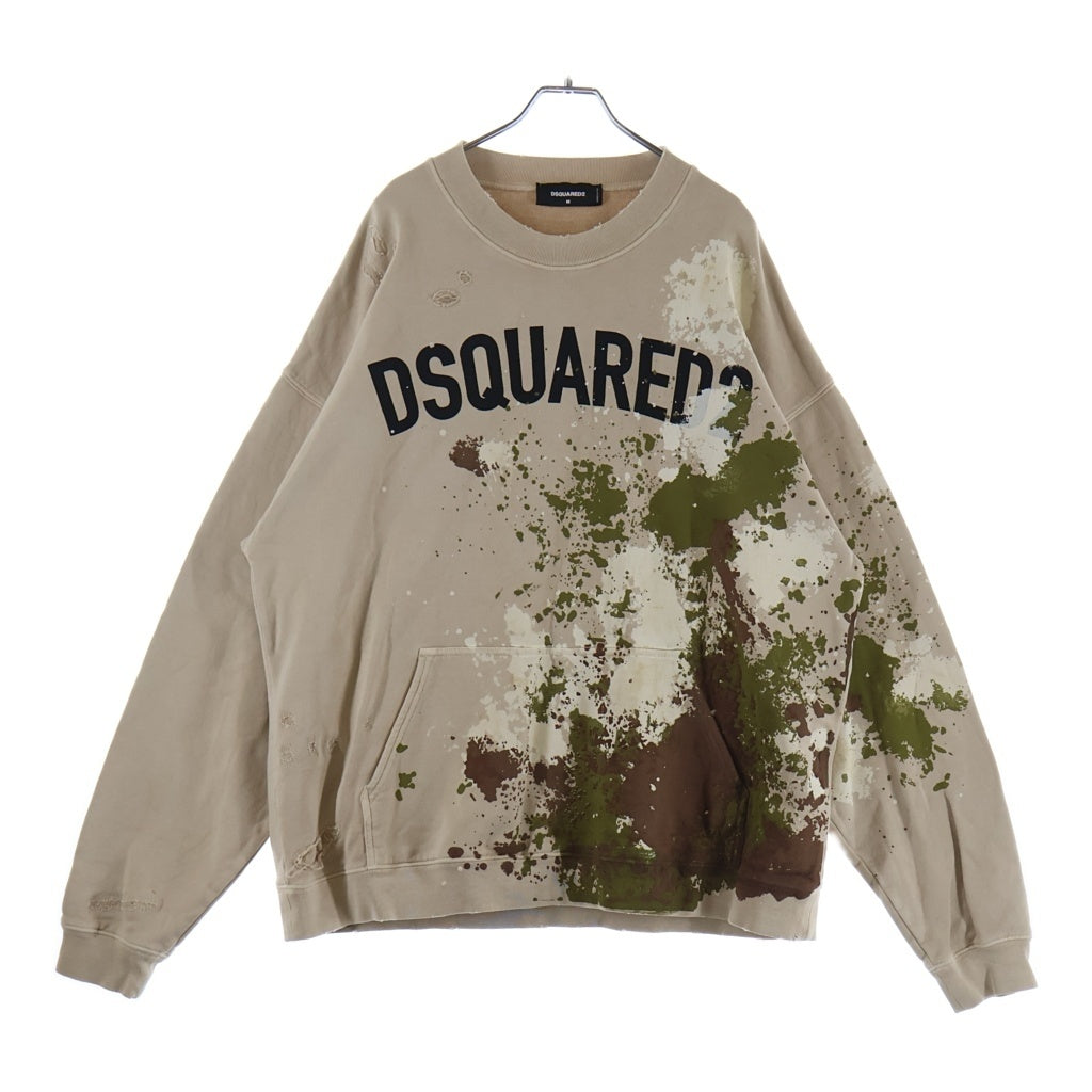 DSQUARED2(ディースクエアード) 21AW SPRAY&PAINT D2 SWEATER スプレー ペイント クルーネック プルオーバー スウェット トレーナー ベージュ S71GU0471 S25030