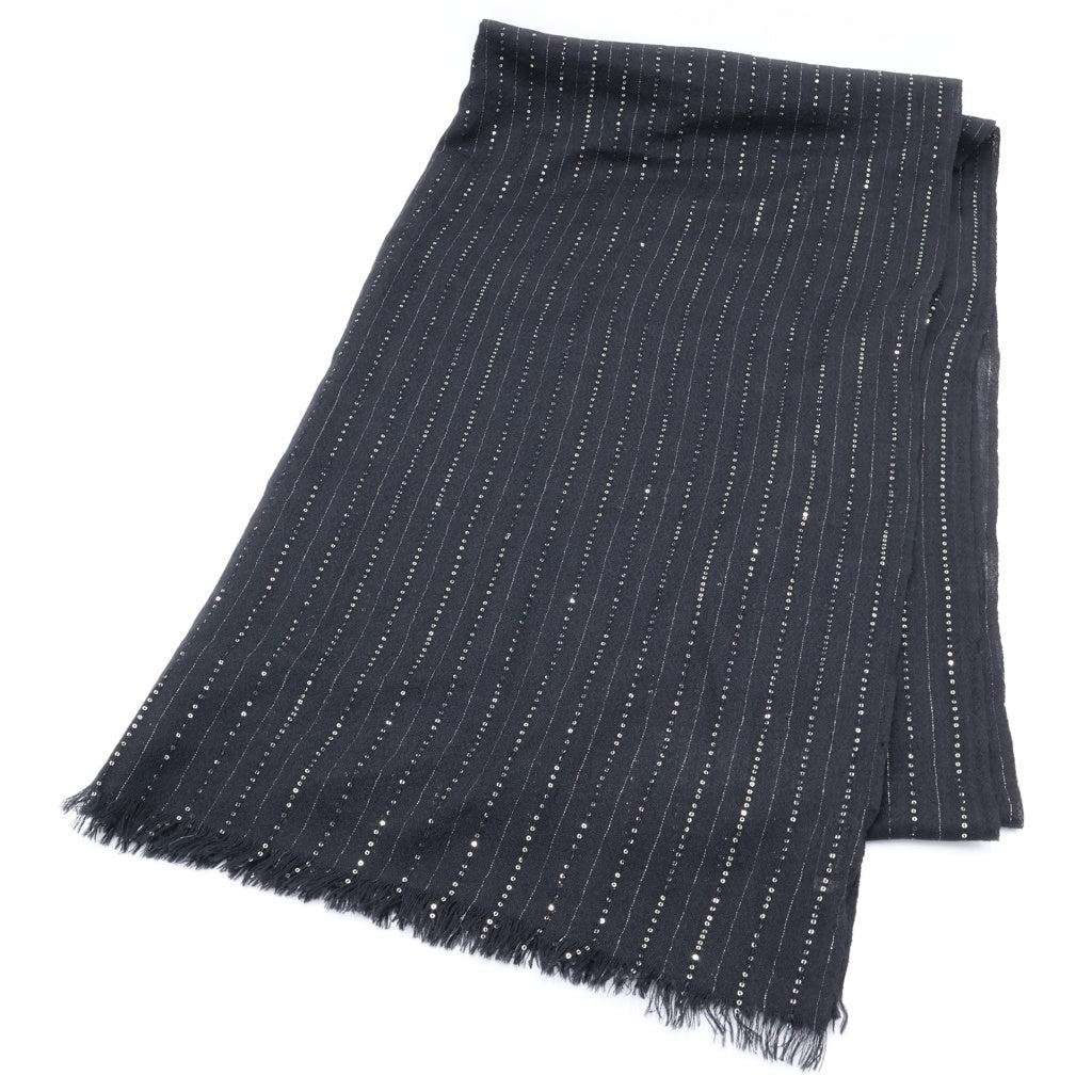 SAINT LAURENT PARIS(サンローランパリ) カシミヤ混 スパンコール ストライプ スカーフ ストール ブラック レディース