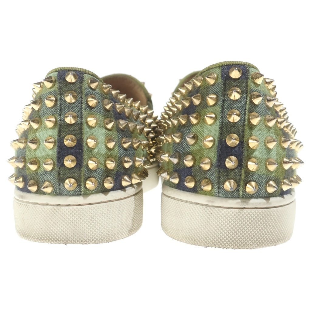 CHRISTIAN LOUBOUTIN(クリスチャンルブタン) スパイクスタッズ チェックファブリック スリッポン ローカット スニーカー グリーン/ゴールド