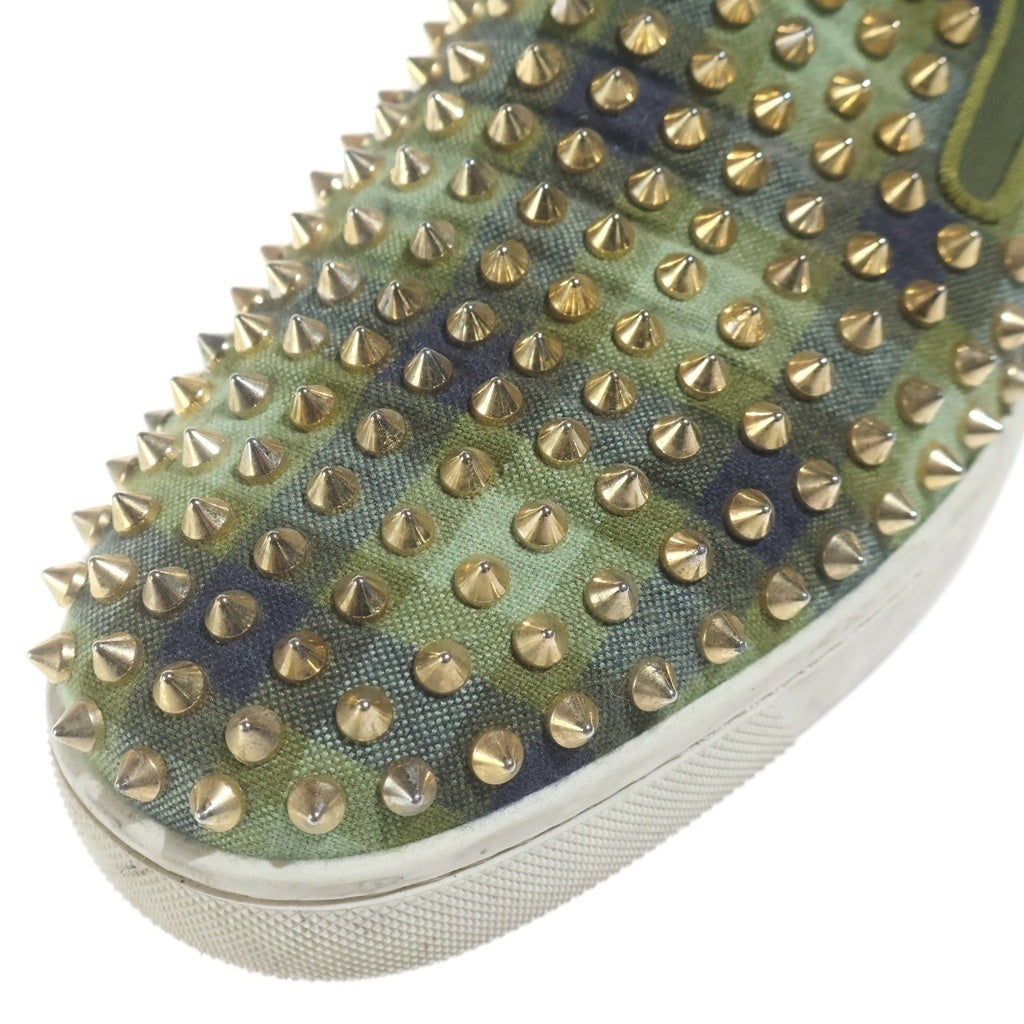 CHRISTIAN LOUBOUTIN(クリスチャンルブタン) スパイクスタッズ チェックファブリック スリッポン ローカット スニーカー グリーン/ゴールド