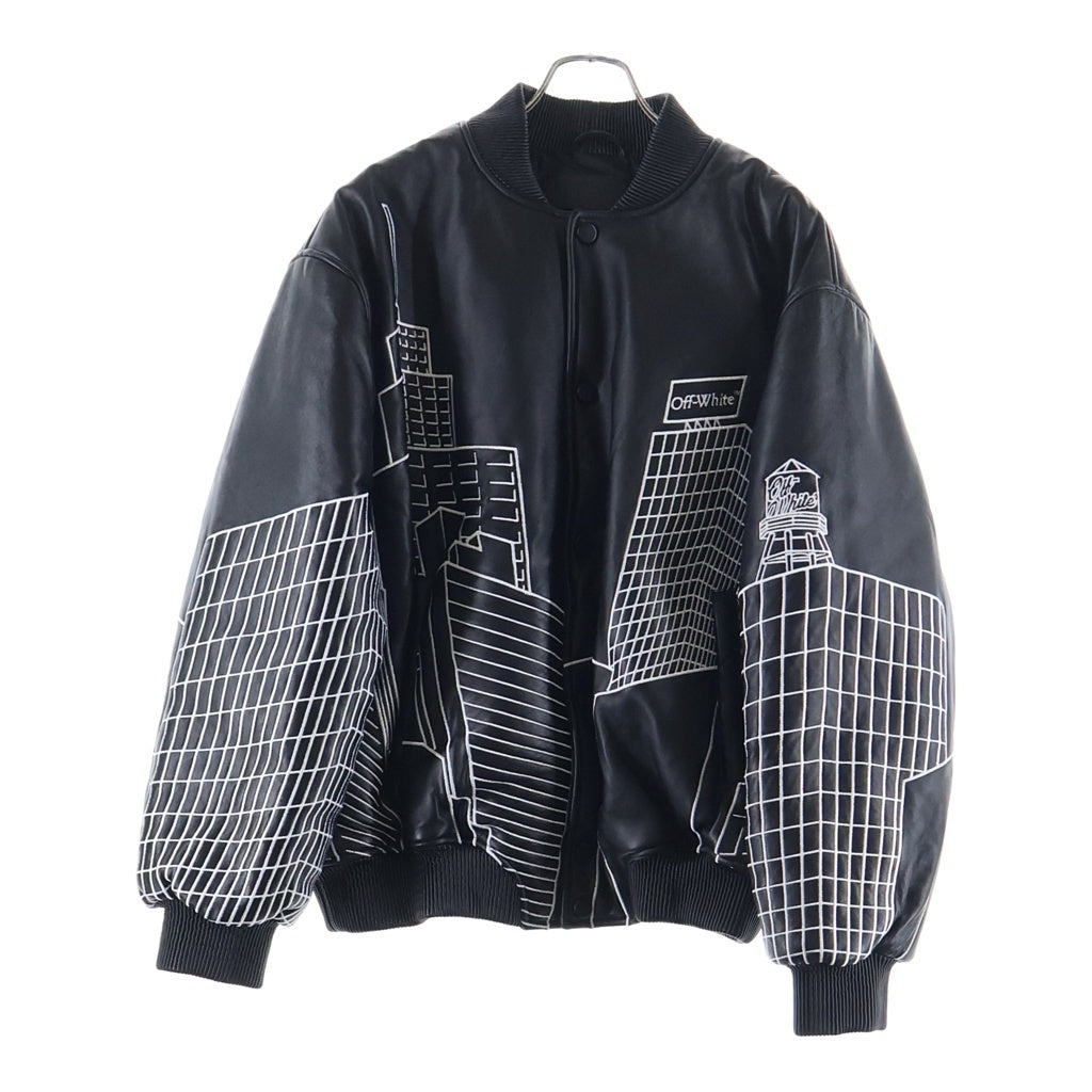 OFF-WHITE(オフホワイト) SKYLINE VARSITY LEATHER BOMBER JACKET スカイライン バーシティ 全面刺繍 レザー ボンバージャケット ブルゾン ブラック OMJA136S24LEA003