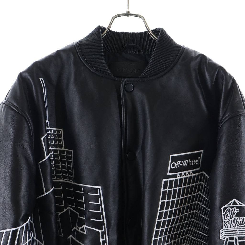 OFF-WHITE(オフホワイト) SKYLINE VARSITY LEATHER BOMBER JACKET スカイライン バーシティ 全面刺繍 レザー ボンバージャケット ブルゾン ブラック OMJA136S24LEA003