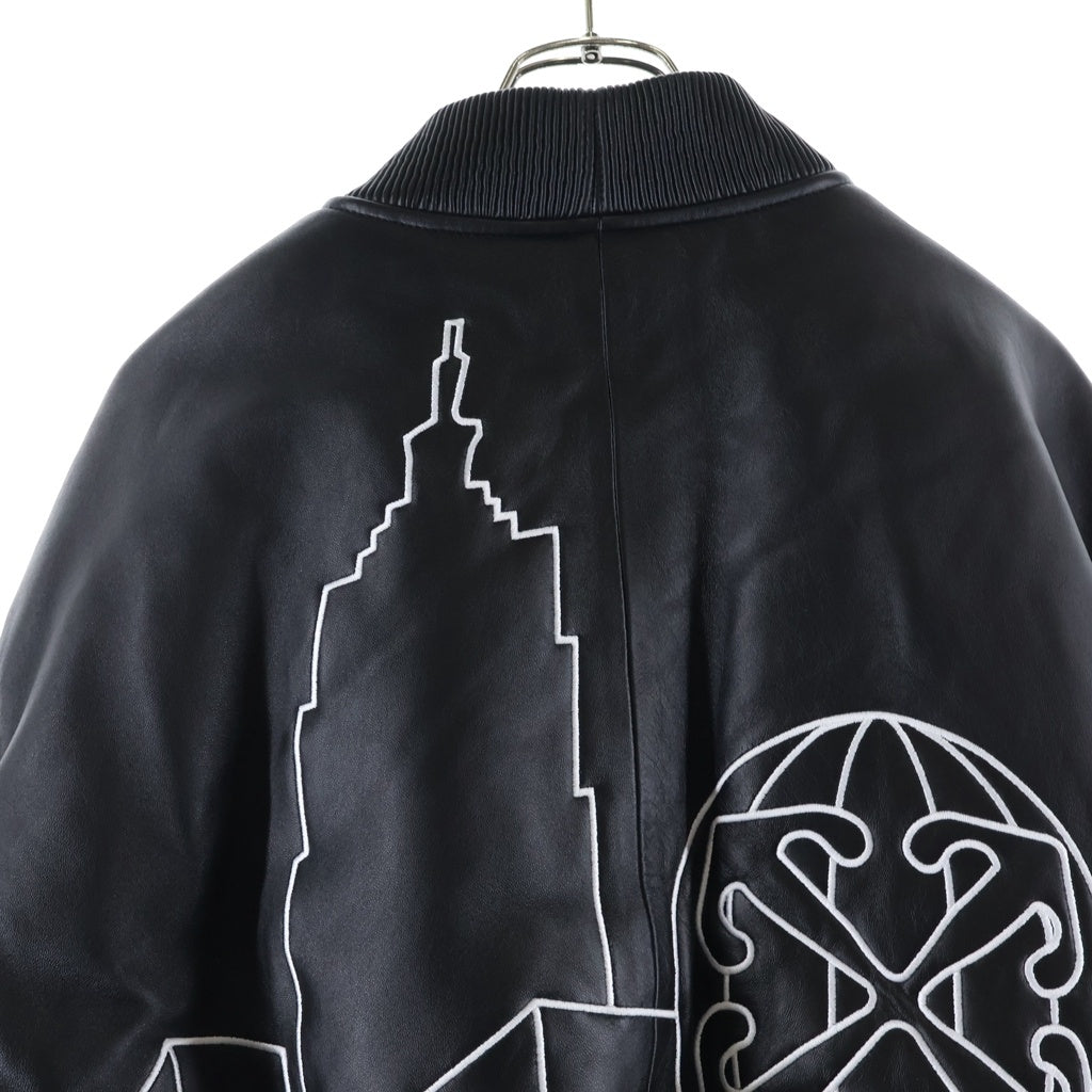 OFF-WHITE(オフホワイト) SKYLINE VARSITY LEATHER BOMBER JACKET スカイライン バーシティ 全面刺繍 レザー ボンバージャケット ブルゾン ブラック OMJA136S24LEA003