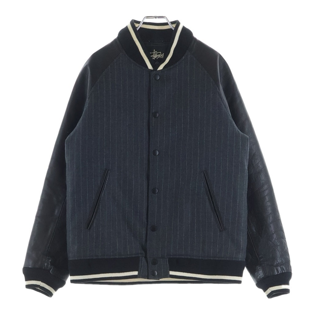 STUSSY(ステューシー) ×FRAGMENT DESIGN フラグメントデザイン レザー切り替え ウール ストライプ バーシティジャケット スタジャン グレー/ブラック