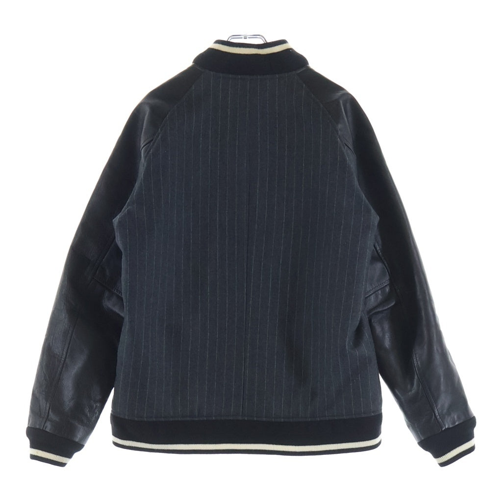 STUSSY(ステューシー) ×FRAGMENT DESIGN フラグメントデザイン レザー切り替え ウール ストライプ バーシティジャケット スタジャン グレー/ブラック