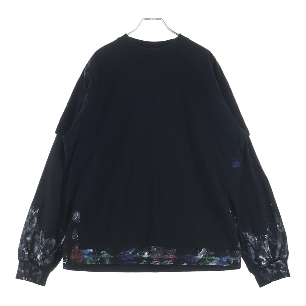 BALENCIAGA(バレンシアガ) 26SS HYBRID DOUBLE T-SHIRT ペイント加工 イブリッド ドッキング レイヤードデザインTシャツ 長袖クルーネックカットソー ブラック 871497 TUVJ7