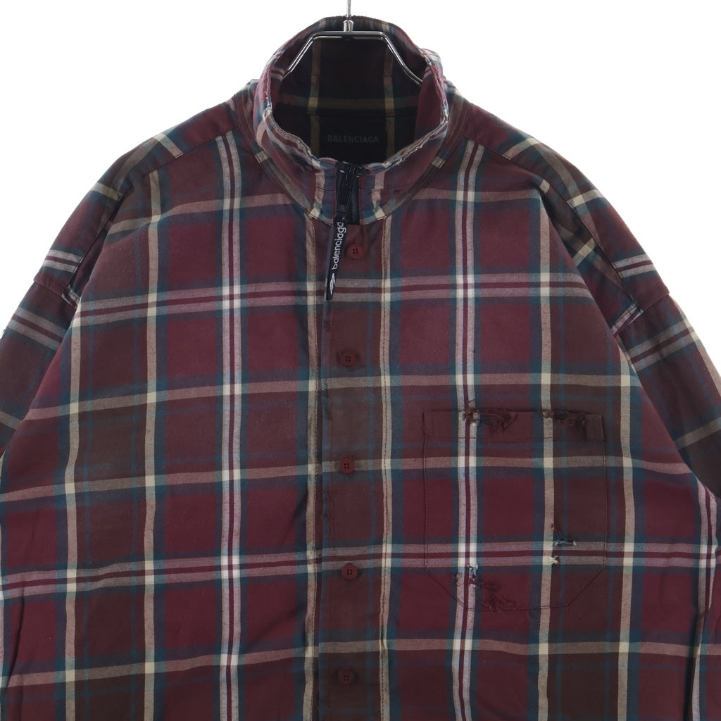 BALENCIAGA(バレンシアガ) 26SS ZIP-UP SHIRT ヴィンテージ加工 チェック柄 ジップアップシャツ レッド 850813 TLM09