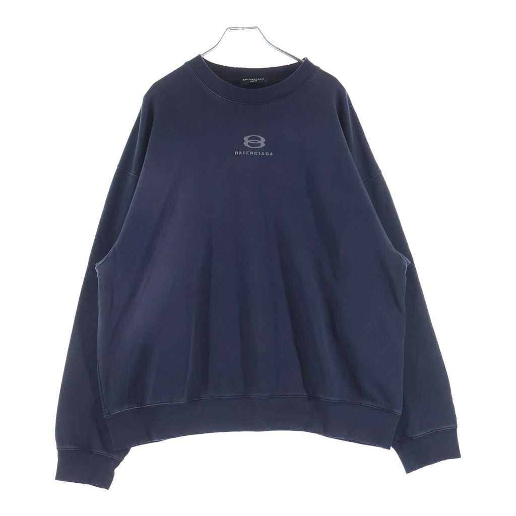 BALENCIAGA(バレンシアガ) 22SS UNITY SPORTS ICON SWEAT ロゴ刺繍 ダメージ加工 クルーネックスウェットトレーナー ネイビー 676629 TLVG1