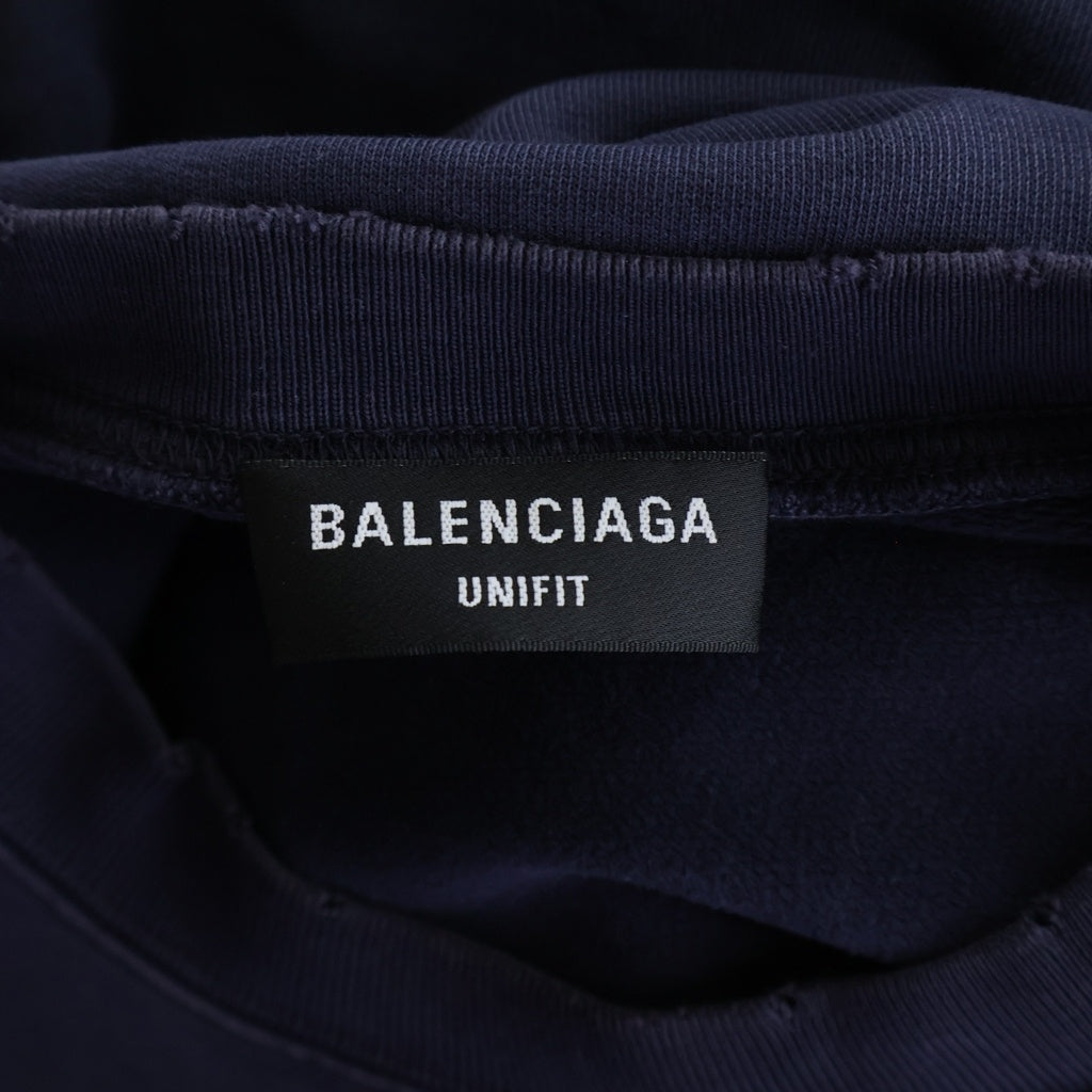BALENCIAGA(バレンシアガ) 22SS UNITY SPORTS ICON SWEAT ロゴ刺繍 ダメージ加工 クルーネックスウェットトレーナー ネイビー 676629 TLVG1