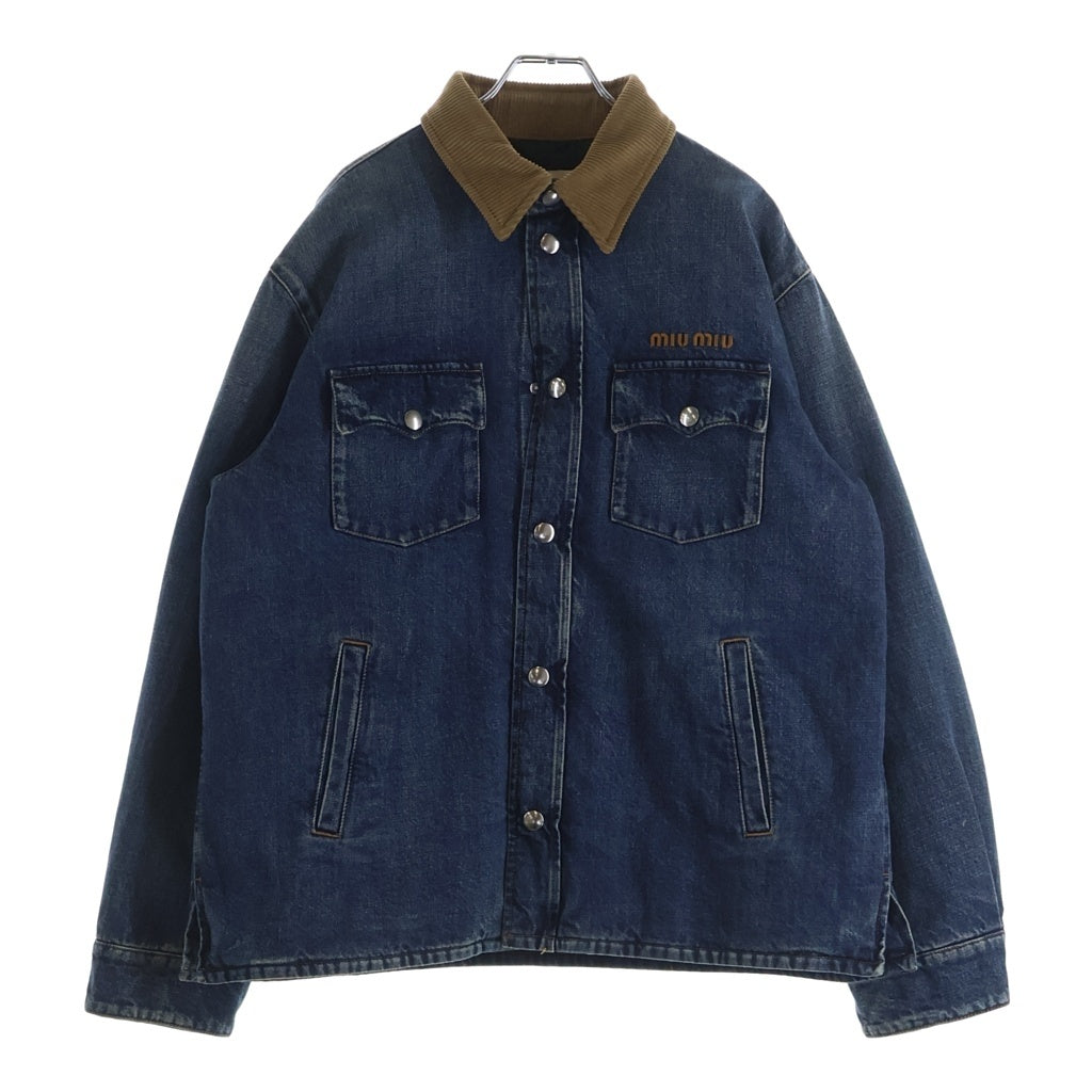 miumiu(ミュウミュウ) 25SS DENIM DOWN JACKET 胸ロゴ刺繍 襟コーデュロイ デニムダウンジャケット インディゴ GWB234