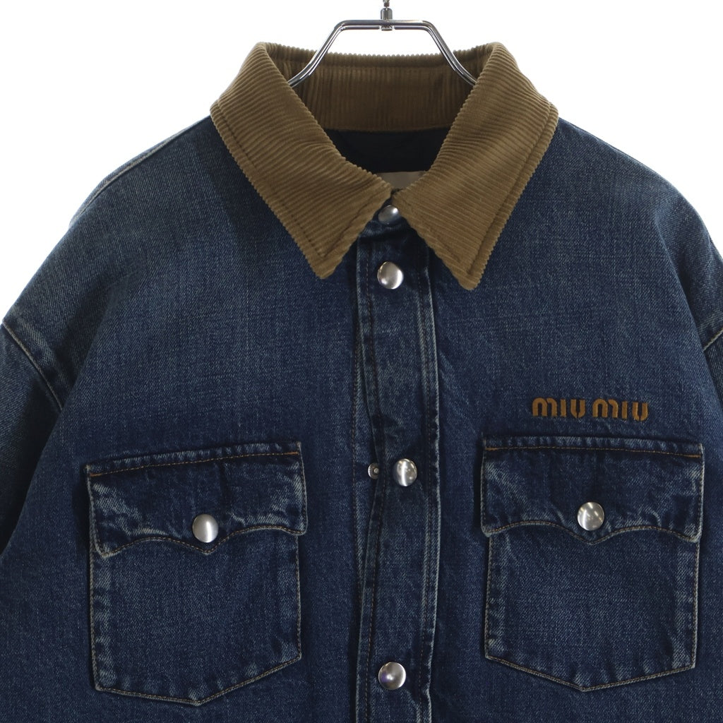 miumiu(ミュウミュウ) 25SS DENIM DOWN JACKET 胸ロゴ刺繍 襟コーデュロイ デニムダウンジャケット インディゴ GWB234