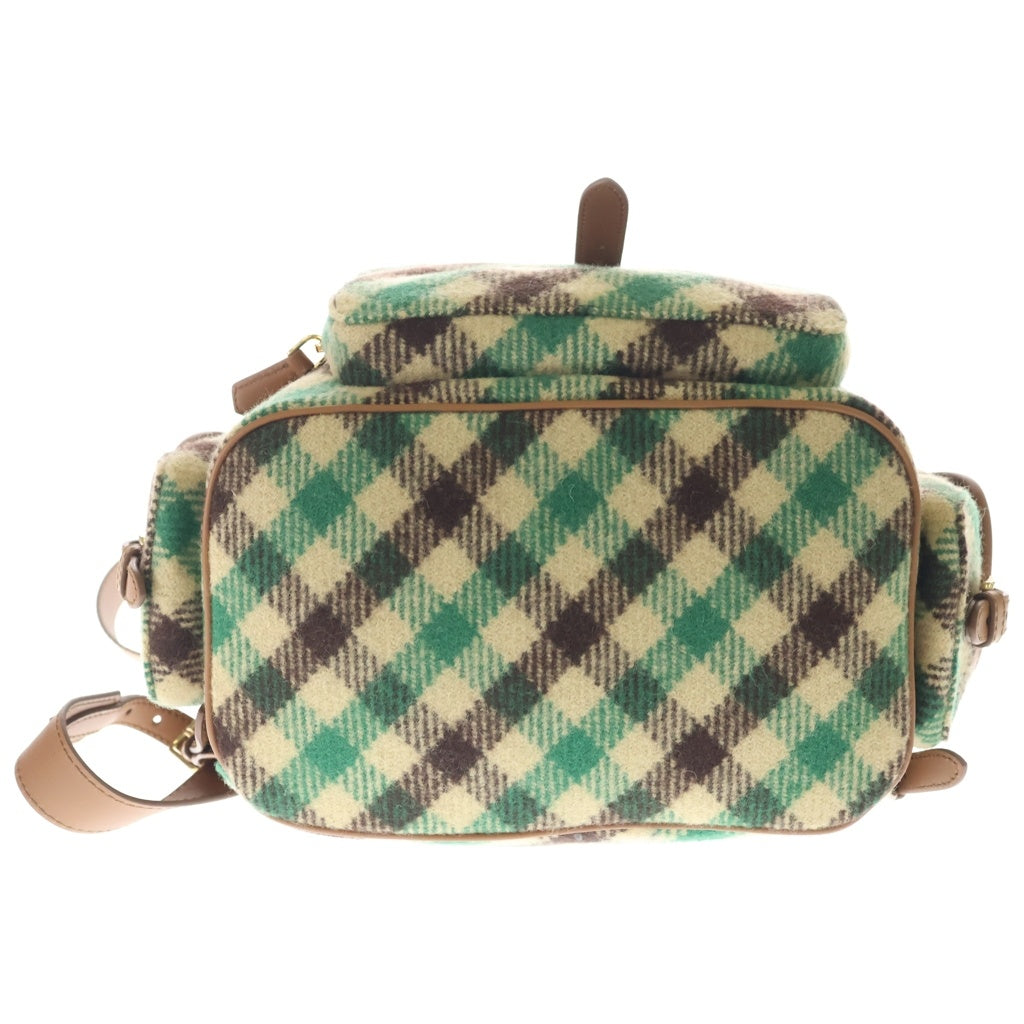 miumiu(ミュウミュウ) 25AW PLAID AND LEATHER BACKPACK タータンチェック ウールレザー バックパック リュックサック グリーン/ベージュ 5BZ042 レディース