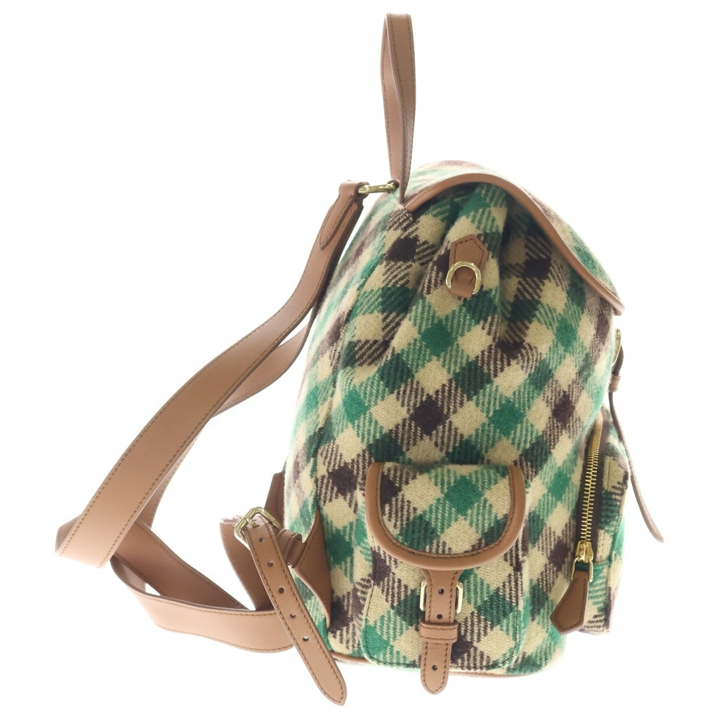 miumiu(ミュウミュウ) 25AW PLAID AND LEATHER BACKPACK タータンチェック ウールレザー バックパック リュックサック グリーン/ベージュ 5BZ042 レディース