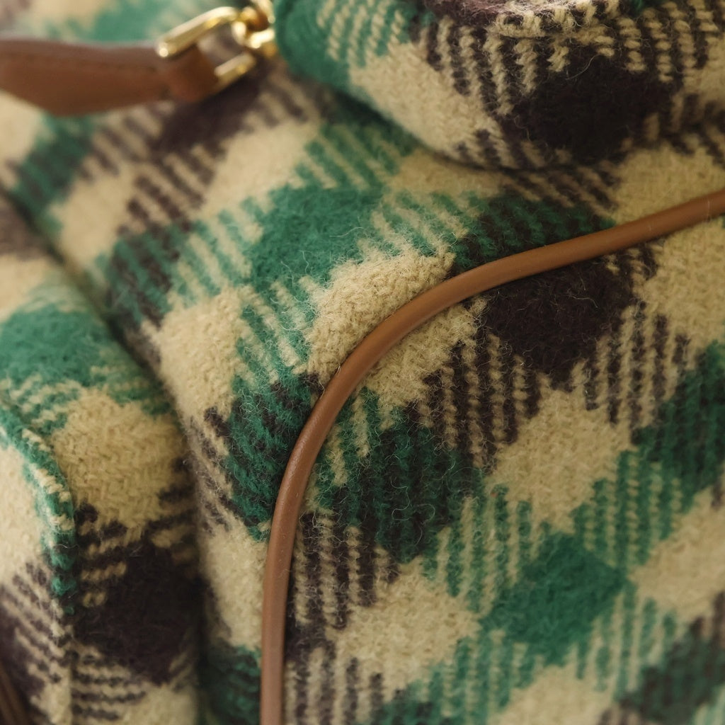 miumiu(ミュウミュウ) 25AW PLAID AND LEATHER BACKPACK タータンチェック ウールレザー バックパック リュックサック グリーン/ベージュ 5BZ042 レディース