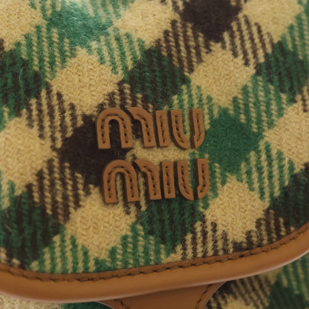 miumiu(ミュウミュウ) 25AW PLAID AND LEATHER BACKPACK タータンチェック ウールレザー バックパック リュックサック グリーン/ベージュ 5BZ042 レディース