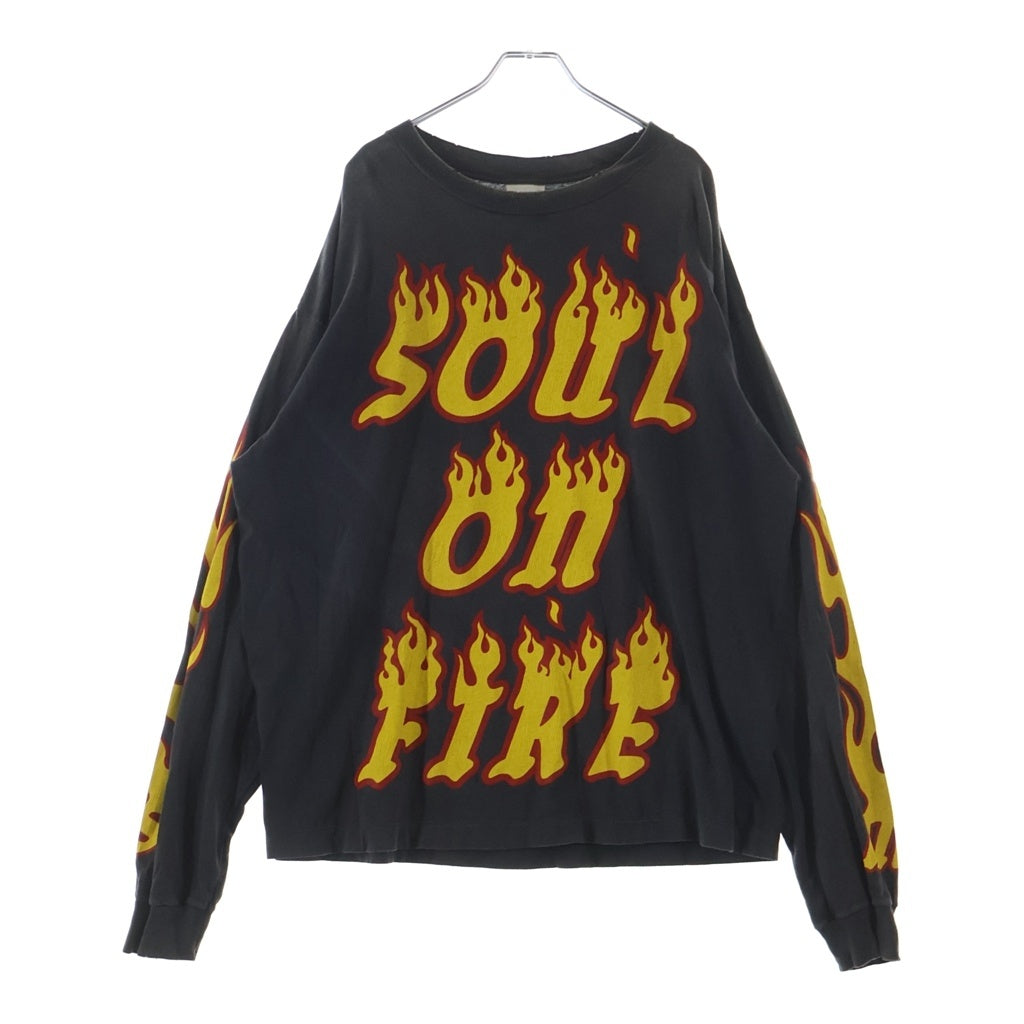 SAINT MICHAEL(セントマイケル) 24AW LS TEE / SOUL ON FIRE ヴィンテージ加工 両面プリントTシャツ 長袖クルーネックカットソー ブラック SM-YS1-0000-012