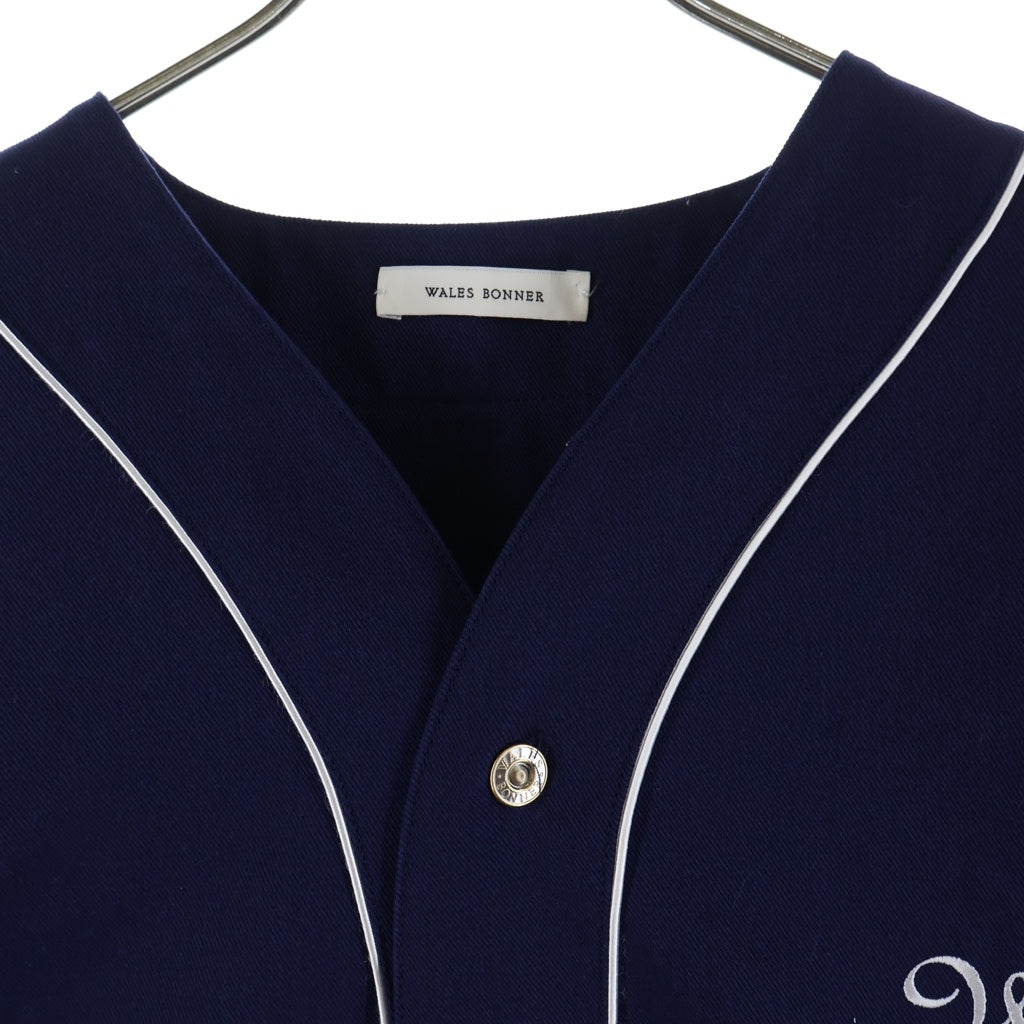Wales Bonner(ウェールズ ボナー) 24AW Freestyle Shirt フリースタイル コットン ノーカラー半袖シャツ ネイビー MA24SH18 CO15 599