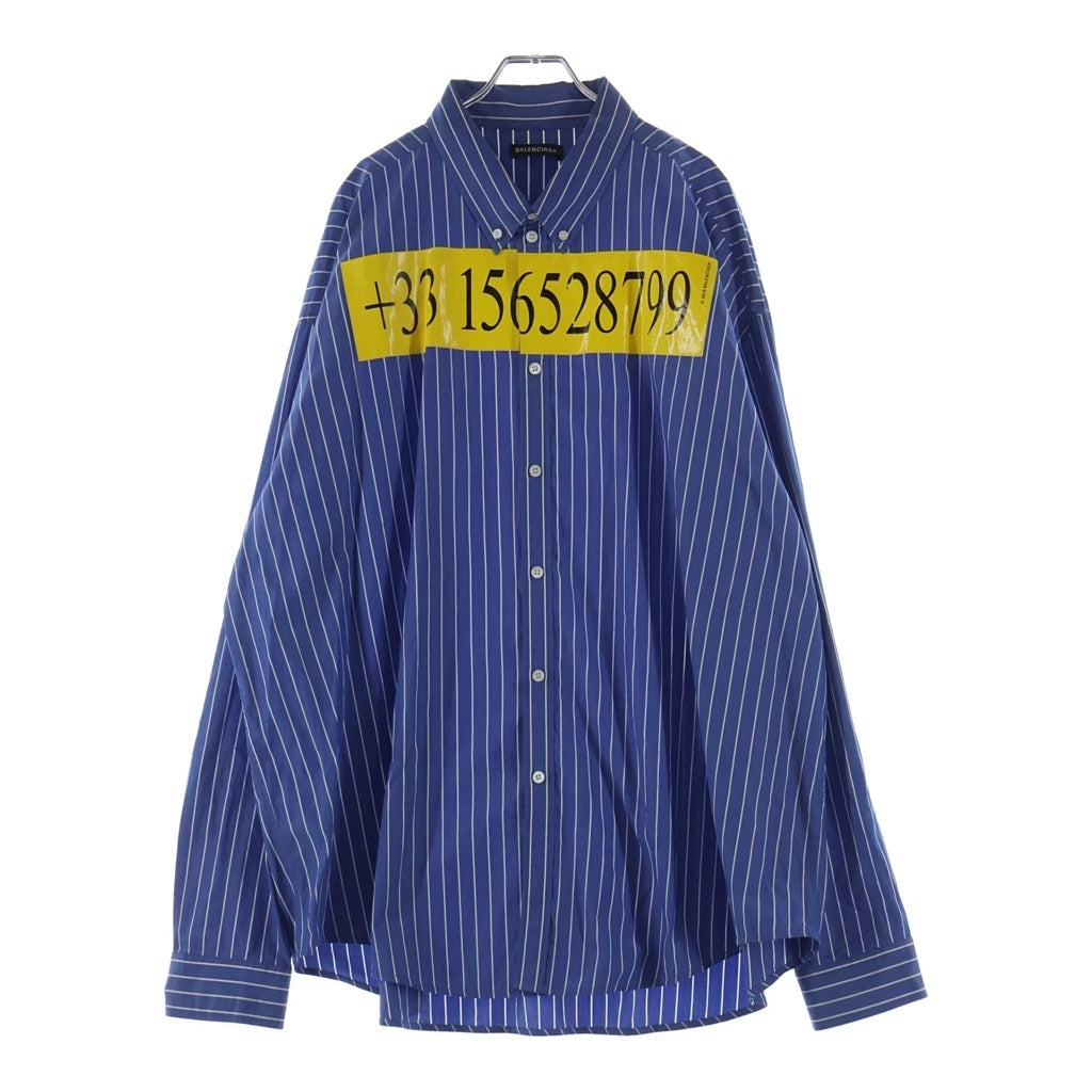 BALENCIAGA(バレンシアガ) 18AW テレフォンナンバーフロントプリント ストライプ 長袖シャツ ブルー 542175 TBM12