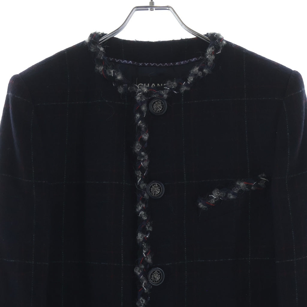 CHANEL(シャネル) ツイードパイピング ノーカラーチェックコート ジャケット ネイビー P46343V28661 メンズサイズ