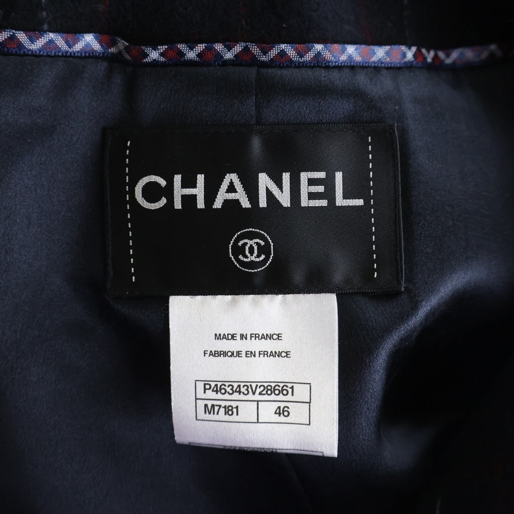 CHANEL(シャネル) ツイードパイピング ノーカラーチェックコート ジャケット ネイビー P46343V28661 メンズサイズ