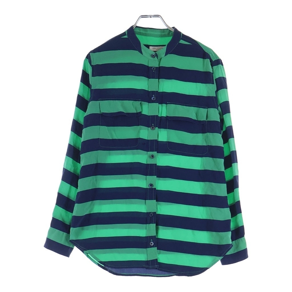 NO BRAND(ノーブランド) EQUIPMENT エプキモン モックネックシルクボーダー長袖シャツ レディース グリーン/ネイビー