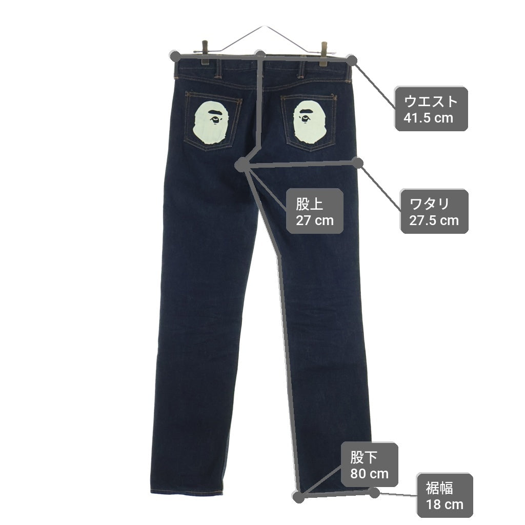 A BATHING APE(アベイシングエイプ) APE HEAD エイプヘッド バックポケットプリント ストレートデニムパンツ レディース インディゴ