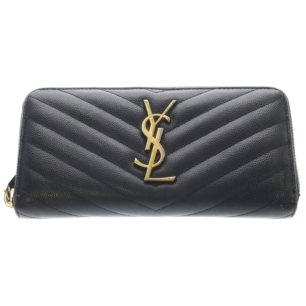 SAINT LAURENT PARIS(サンローランパリ) キャビアスキン ラウンドファスナー ゴールド金具 長財布 ロングウォレット レディース ブラック 358094 BOW01 1000