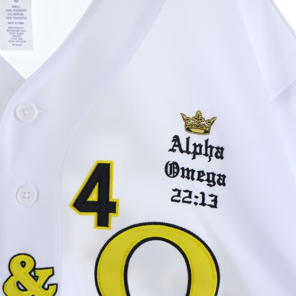 SUPREME(シュプリーム) 24AW Alpha Omega Baseball Jersey アルファオメガ ロゴエンブロイダリー ベースボール半袖シャツ ホワイト