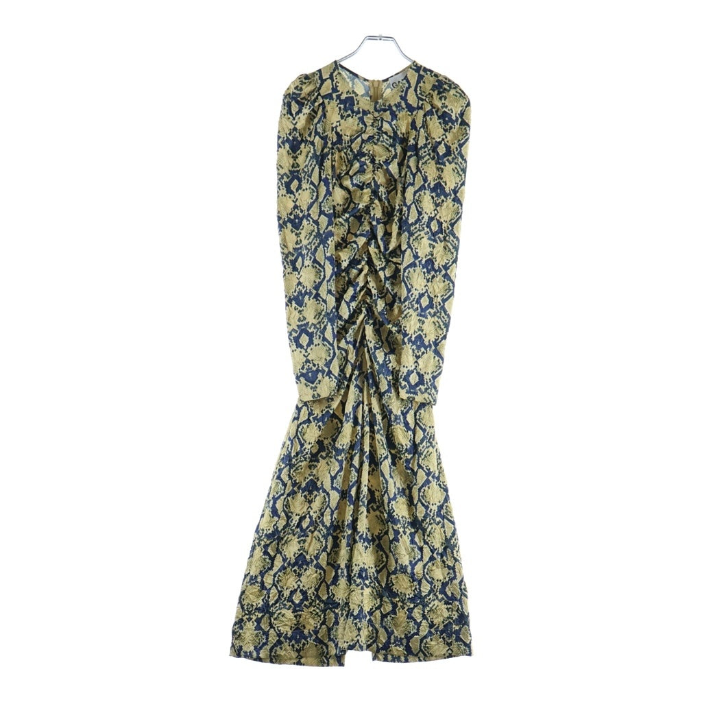 GANNI(ガニー) Snake Printed Crinkled Satin O-neck Mini Dress Safari 総柄 スネークプリント クリンクル サテン ミディドレス ワンピース レディース イエロー F8814-883