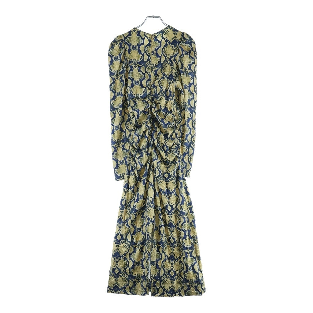 GANNI(ガニー) Snake Printed Crinkled Satin O-neck Mini Dress Safari 総柄 スネークプリント クリンクル サテン ミディドレス ワンピース レディース イエロー F8814-883