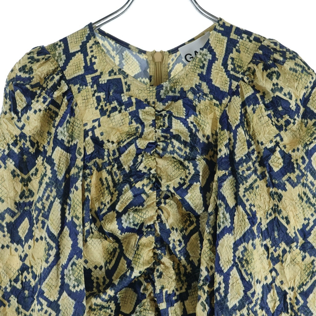 GANNI(ガニー) Snake Printed Crinkled Satin O-neck Mini Dress Safari 総柄 スネークプリント クリンクル サテン ミディドレス ワンピース レディース イエロー F8814-883