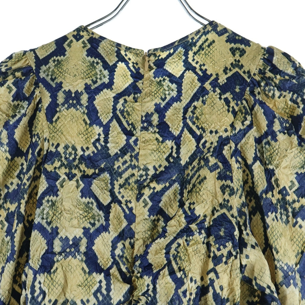 GANNI(ガニー) Snake Printed Crinkled Satin O-neck Mini Dress Safari 総柄 スネークプリント クリンクル サテン ミディドレス ワンピース レディース イエロー F8814-883