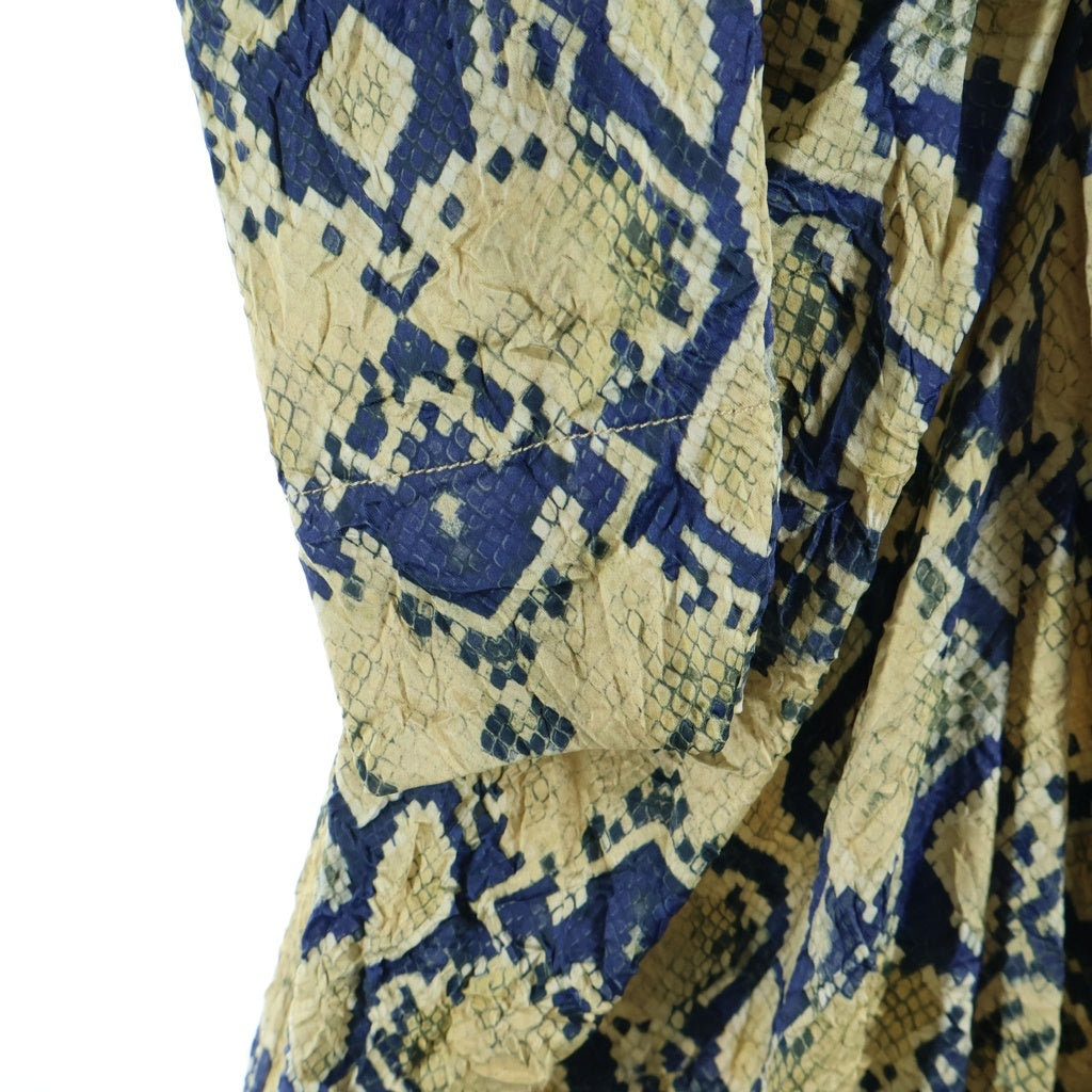 GANNI(ガニー) Snake Printed Crinkled Satin O-neck Mini Dress Safari 総柄 スネークプリント クリンクル サテン ミディドレス ワンピース レディース イエロー F8814-883