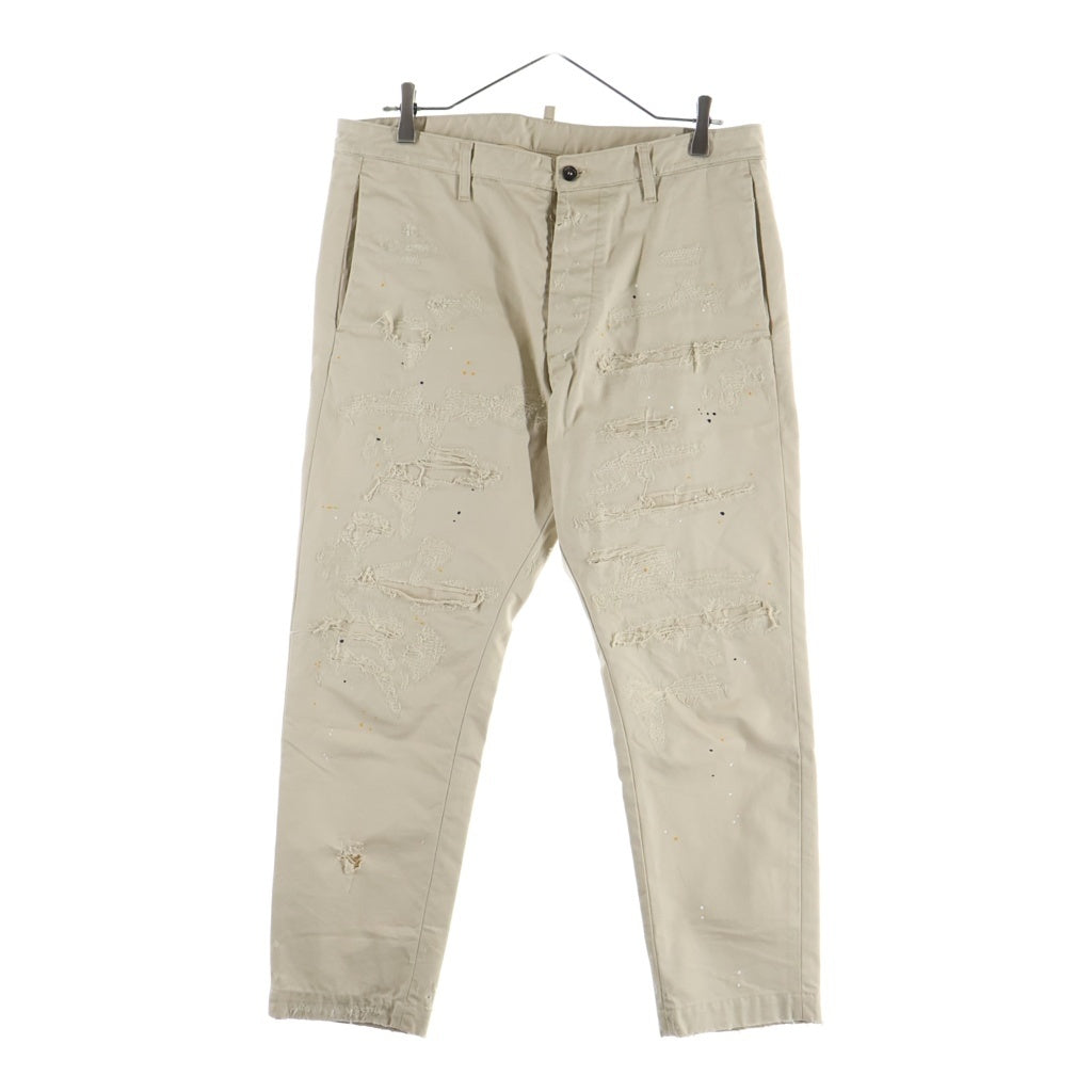 DSQUARED2(ディースクエアード) 19AW リペア加工 ペイント テーパードチノトラウザーズ ボタンフライパンツ ベージュ S74KB0316 S41794