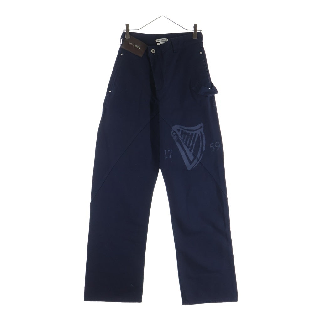 J.W.ANDERSON(ジェー ダブリュー アンダーソン) ×GUINNESS WORKWEAR TROUSERS ギネス ガーメントダイ加工 ロゴプリント レザーパッチワークウェアパンツ レディース ネイビー TR0427PG1963870